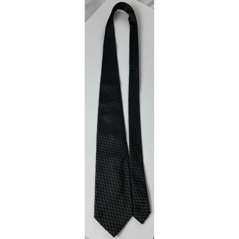 Battistoni Roma Mens Silk Tie Olive Green Navy Blue Geometric Checkerboard Italy